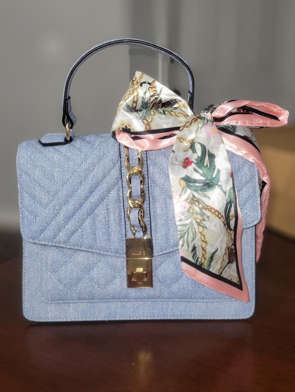 Aldo Brand Light Blue Quilted Top-Handle Women's Bag with Pink Scarf Accent